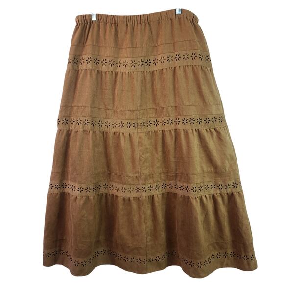 Laura Ashley Brown Faux Suede Floral Cut Out Trim Lined Tiered BOHO Maxi Skirt 8 - Picture 2 of 5